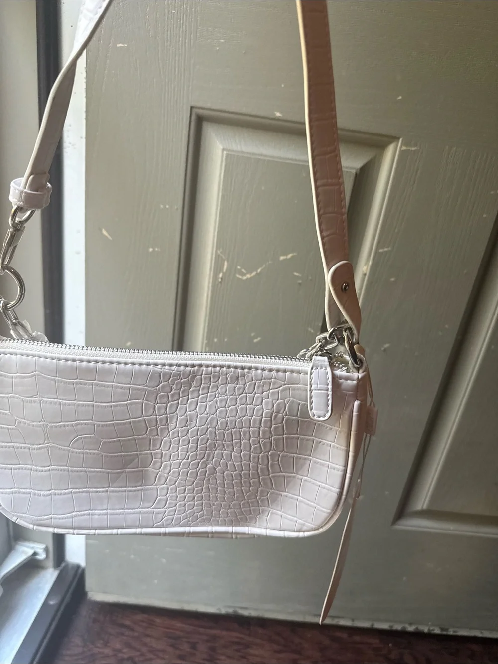 White Croc-Embossed Wristlet Bag